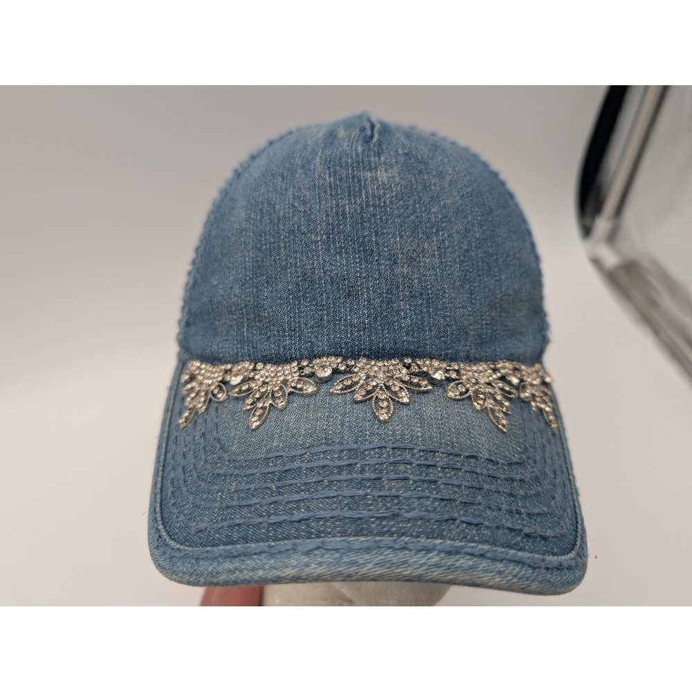 Olive & Pique Blue Denim Rhinestone Leaf High Ponytail Baseball Cap Hat